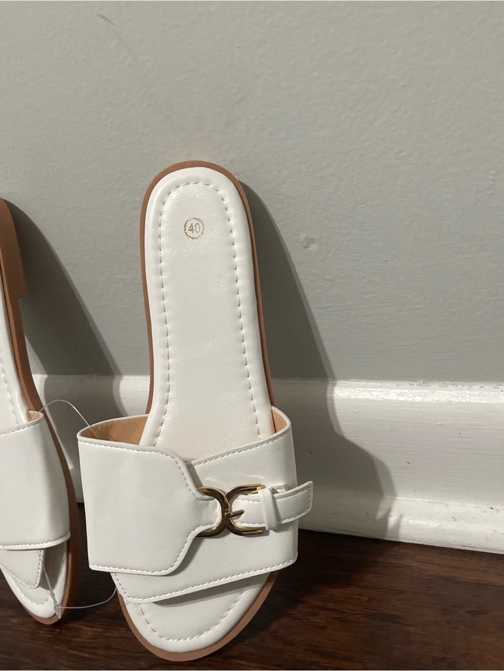 White Slip-On Women's Slide Sandals with Gold Accent